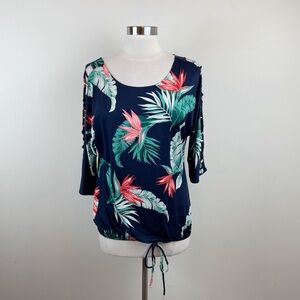 Per Seption Concept Navy Blue Green Pink Tropical Floral Blouse Top Women Small